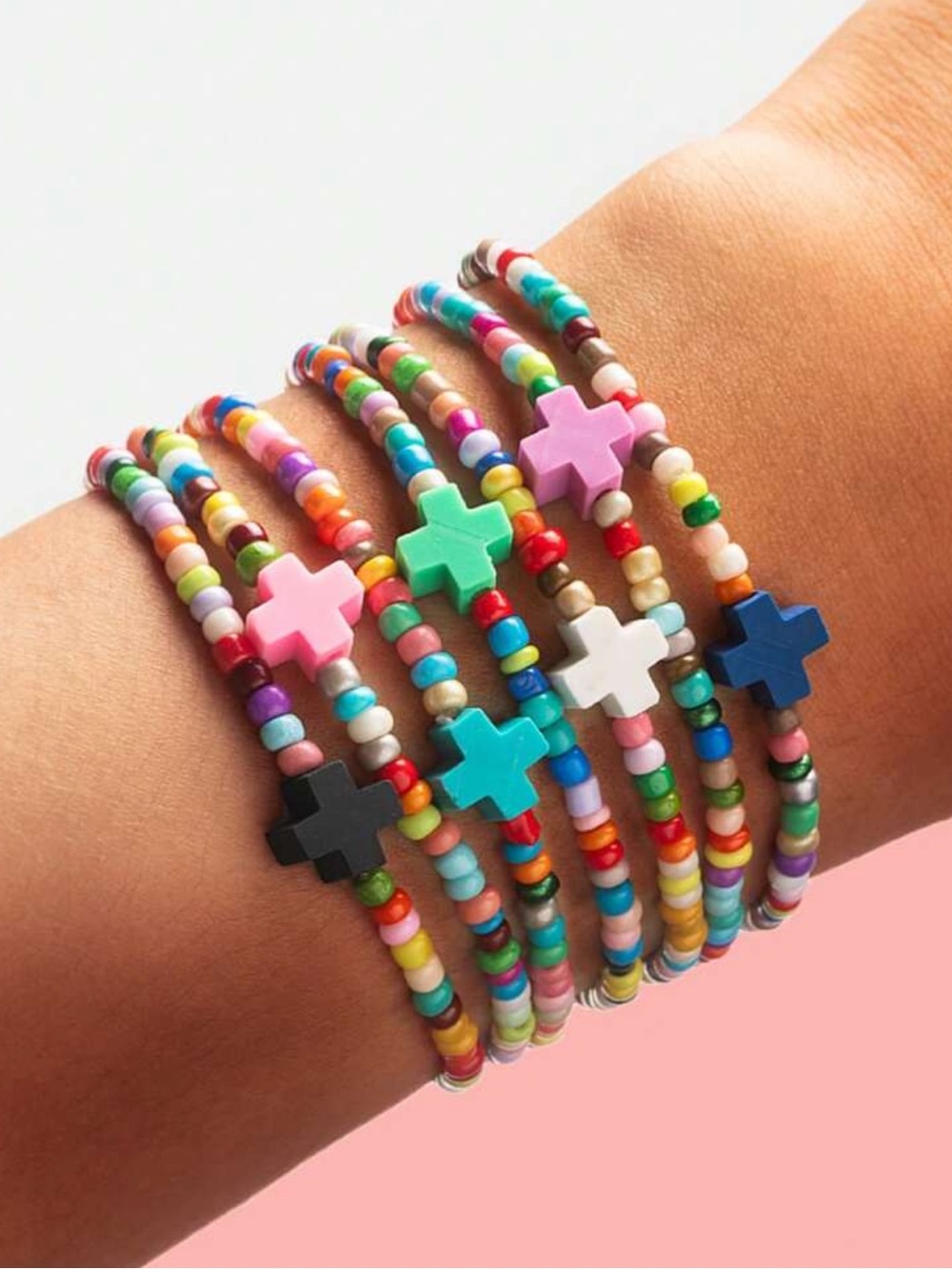 ✝️NEW Colorful Beaded Cross Bracelet Set of 7✝️
